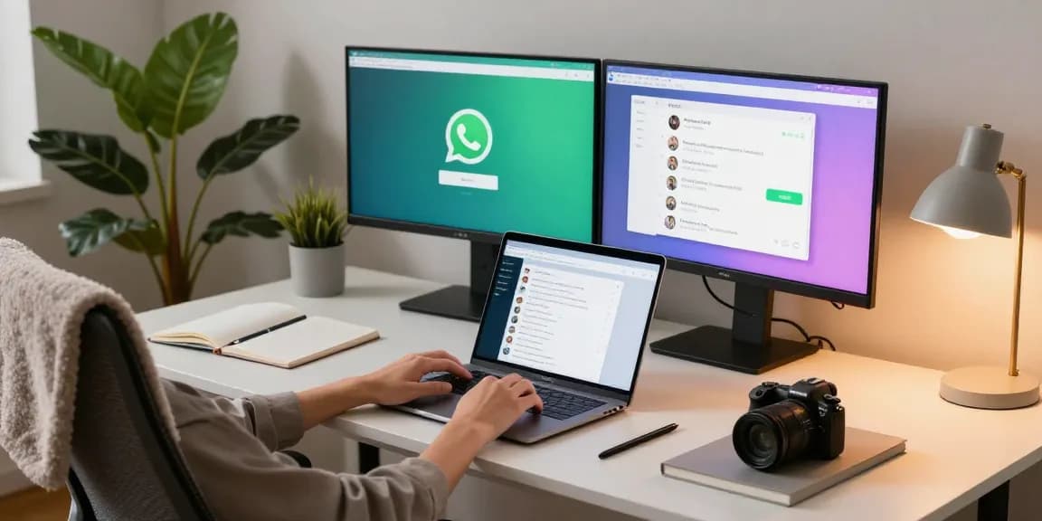 Engaging with WhatsApp電腦版 on a sleek laptop in a modern workspace, highlighting productivity.