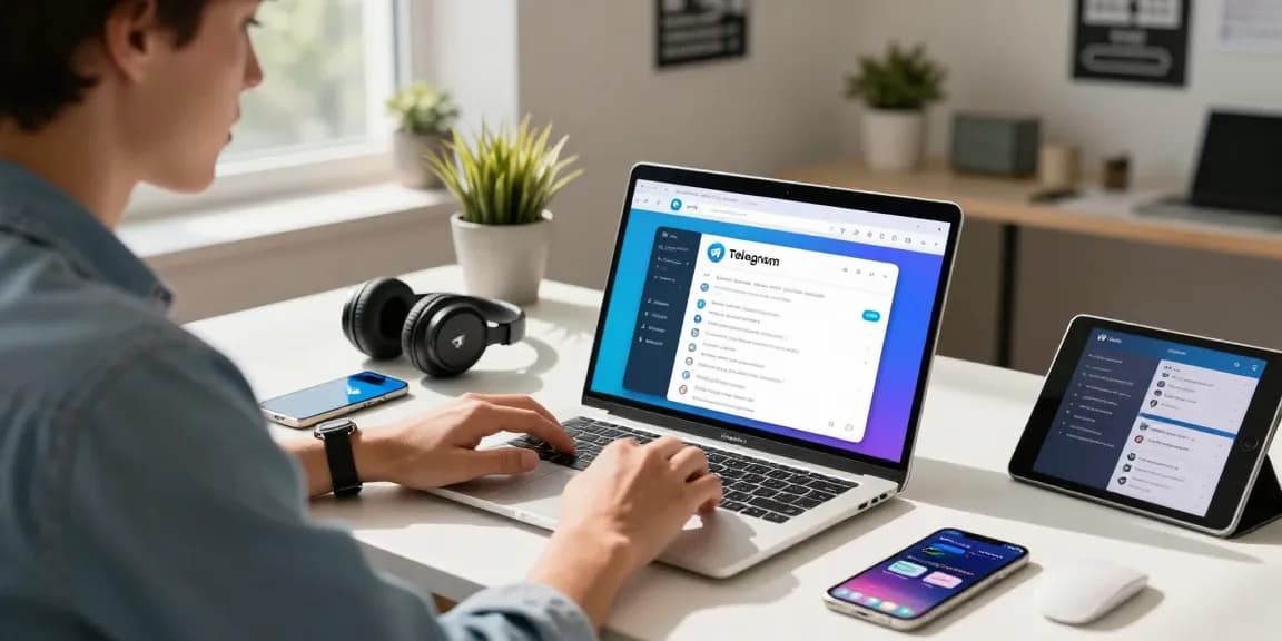 在明亮的桌面上使用Telegram网页版的年轻专业人士，展现现代通信工具的高效和便捷。