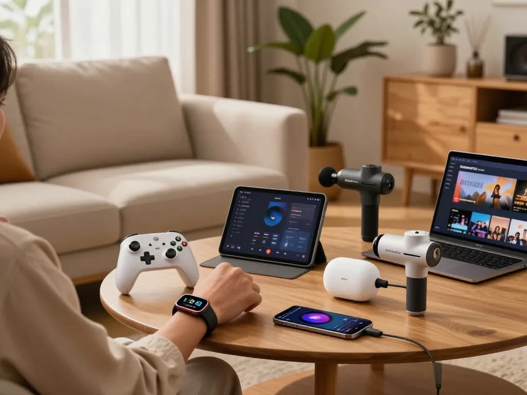 Cozy living room showcasing cool tech gadgets under $165, including a Bluetooth controller and smartwatch, creating a relaxed modern atmosphere.