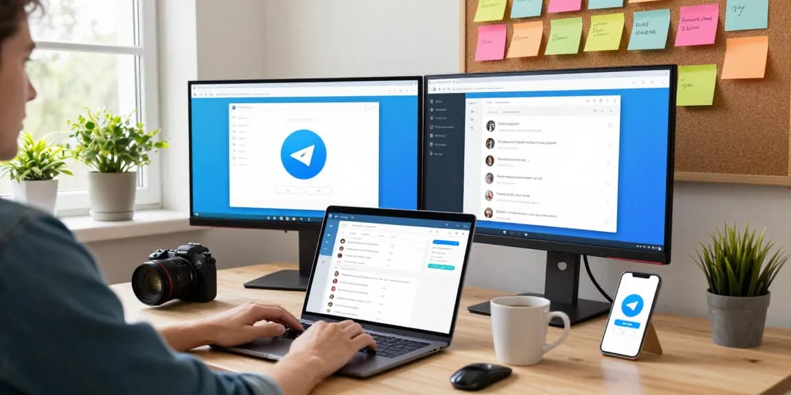 Experience Telegram网页版 in a bright home office setup, showcasing seamless messaging.