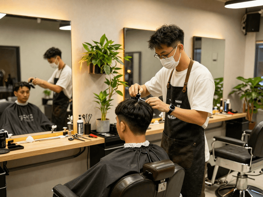 Professional barber at ROKOK88 providing stylish haircuts in a modern setting.