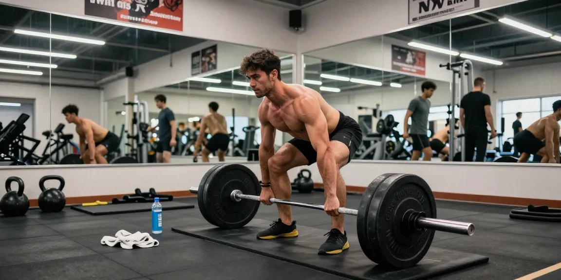 Culturista levantando pesas en el gimnasio, destacando Esteroidesshop para el crecimiento muscular.