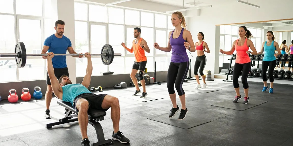 Entrenamiento en el gimnasio con Esteroidesshop, atletas mostrando dedicación y uso de equipos de fitness.