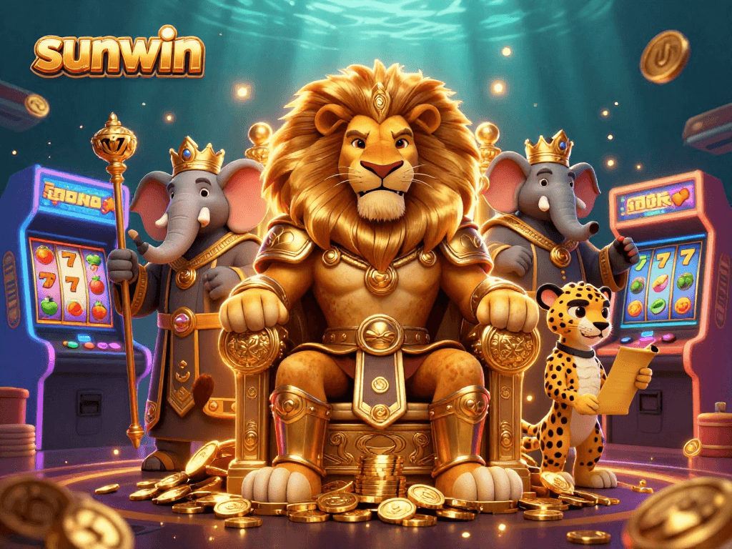 Experience the thrill of sunwin slots with a regal lion king and vibrant casino elements.