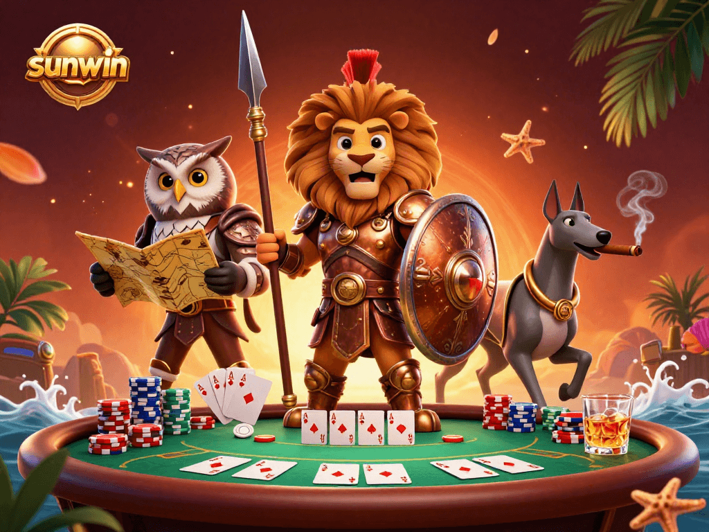 sunwin showcases a vibrant casino scene with a Spartan lion, owl strategist, and greyhound, highlighting poker action.