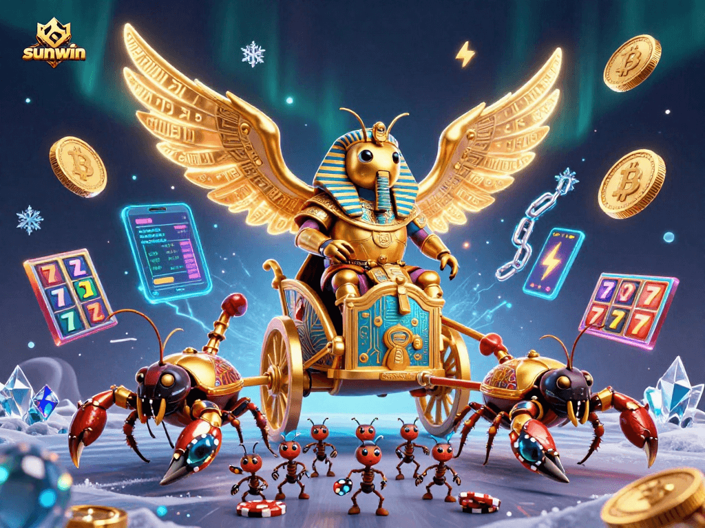 Engage in thrilling betting action with the sunwin casino featuring dynamic slot reels and glowing cryptocurrency elements.