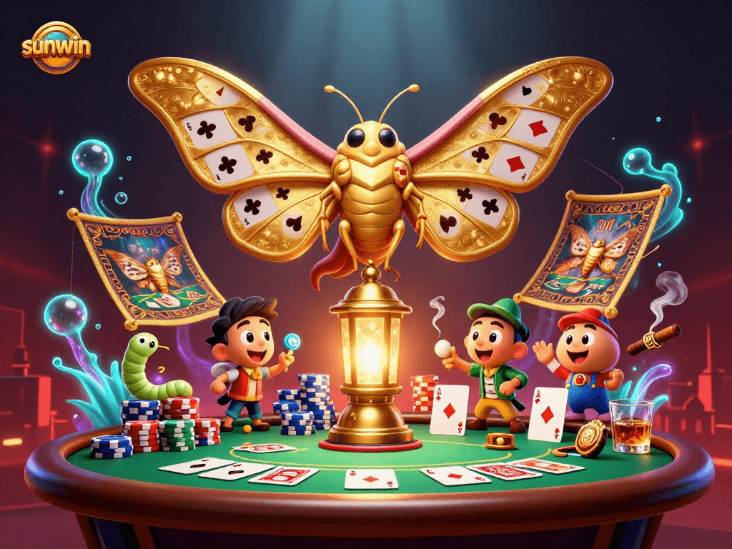 Experience sunwin's vibrant casino magic with a 3D moth and poker scene in intricate detail.