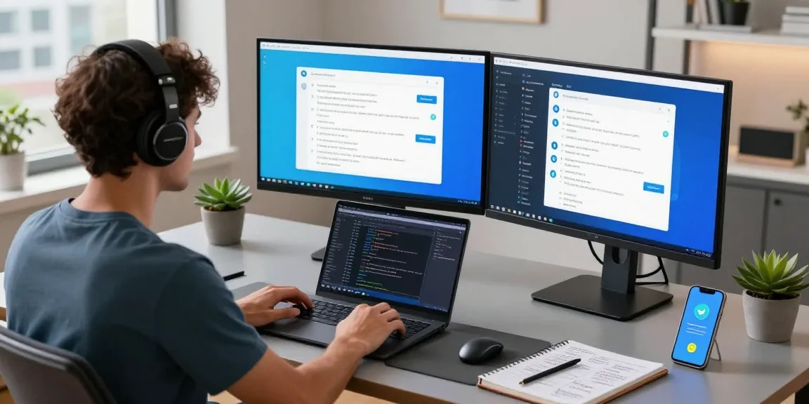 Engaging workspace scene showcasing Telegram Web in action on dual monitors with vibrant chat interfaces and tech-savvy elements.