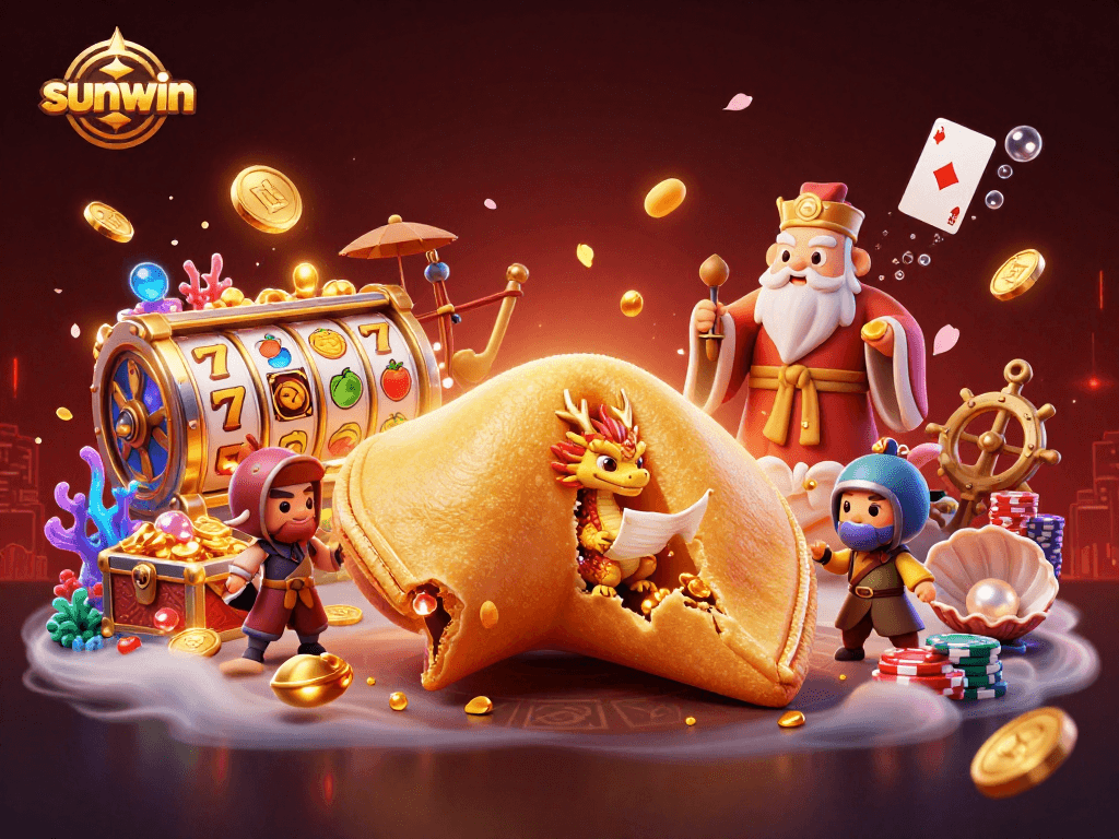 Experience sunwin's dynamic gameplay with a golden fortune cookie scene surrounded by casino excitement.