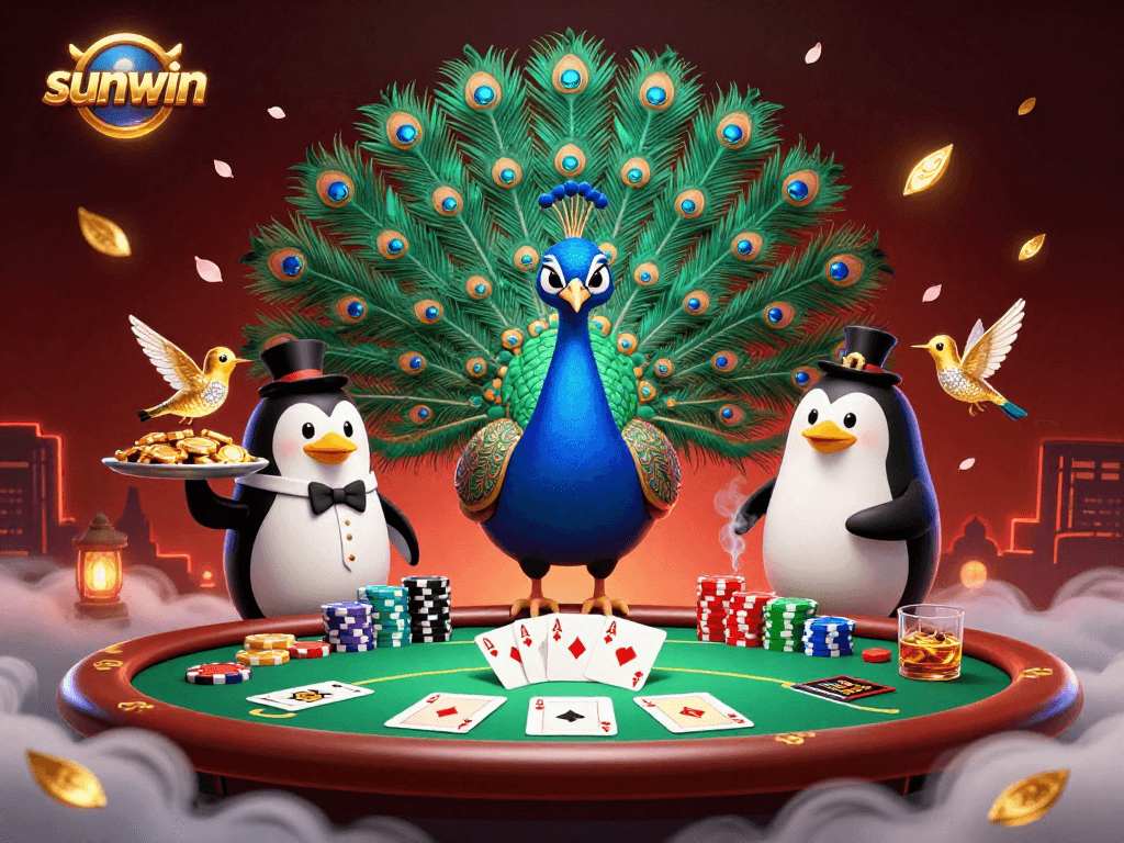 Join the excitement at sunwin, featuring a vibrant casino scene with a peacock and poker elements.