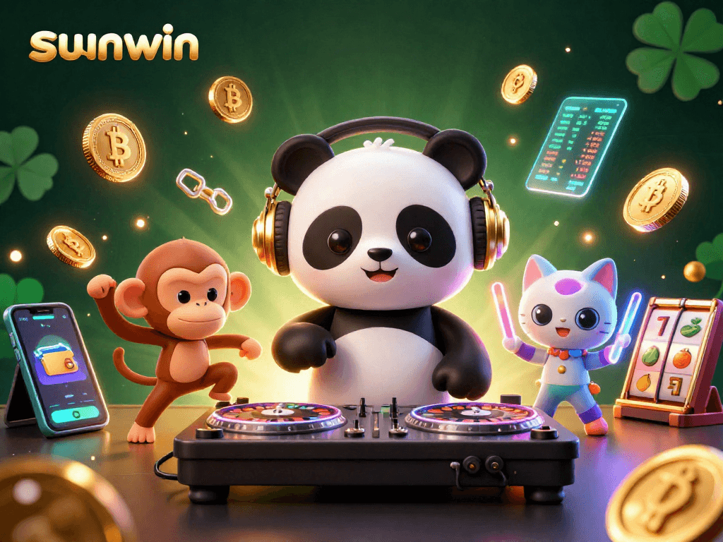 Experience the vibrant world of sunwin casino with a DJ panda and lively characters in a festive setting.