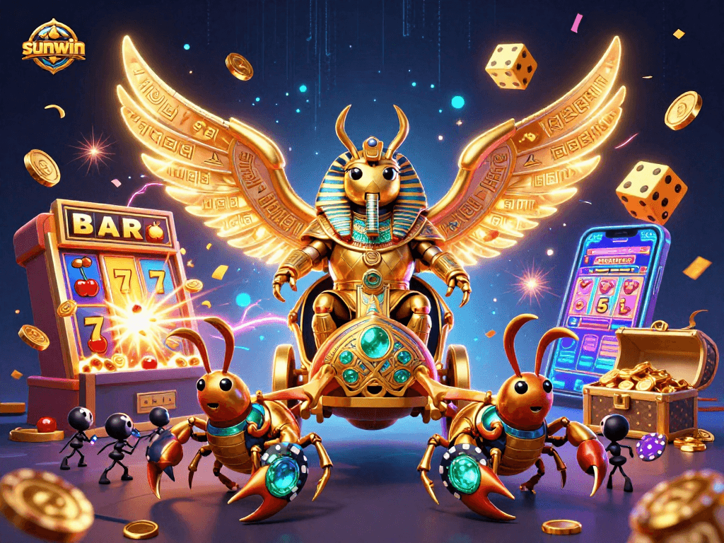 Join the exciting sunwin experience with a vibrant 3D casino illustration showcasing dynamic gaming elements.