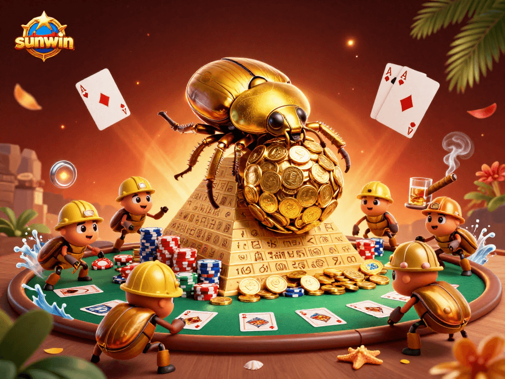 sunwin showcases a vibrant 3D casino scene with golden beetles and poker elements, embodying rich gambling action