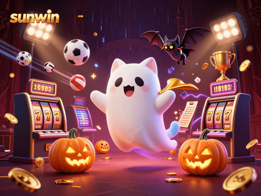 Engage with sunwin's haunted casino adventure featuring ghost cat, vampire bat, and vibrant game elements.