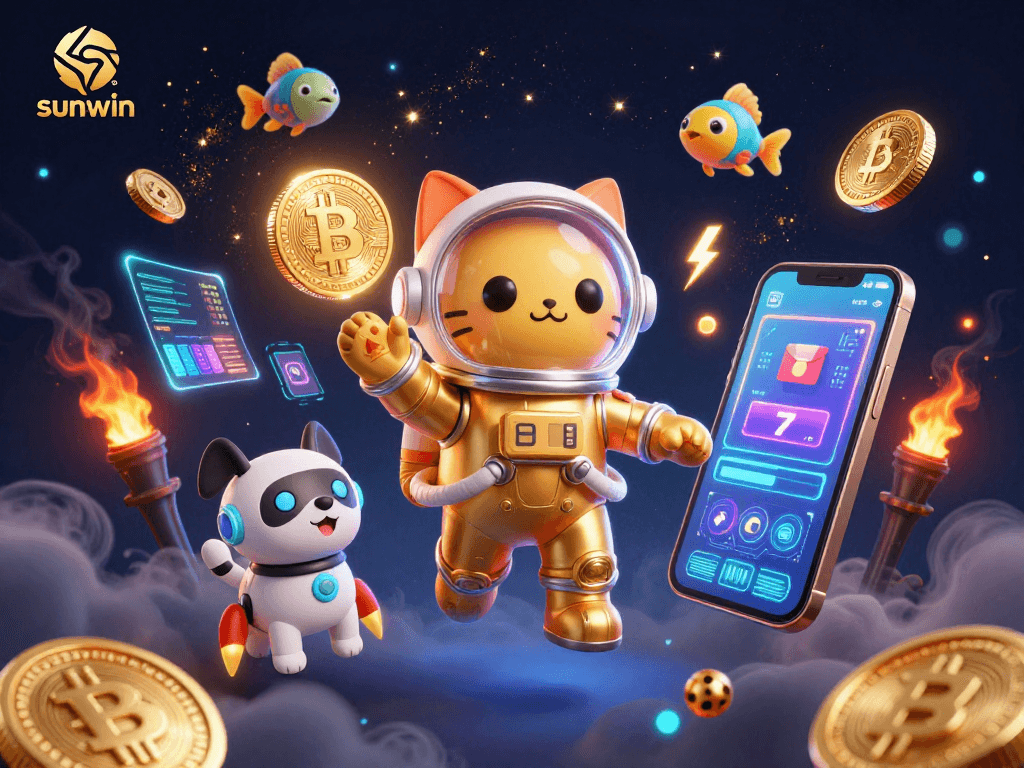 Engage with sunwin's thrilling casino experience, featuring a space cat among vibrant slot elements.