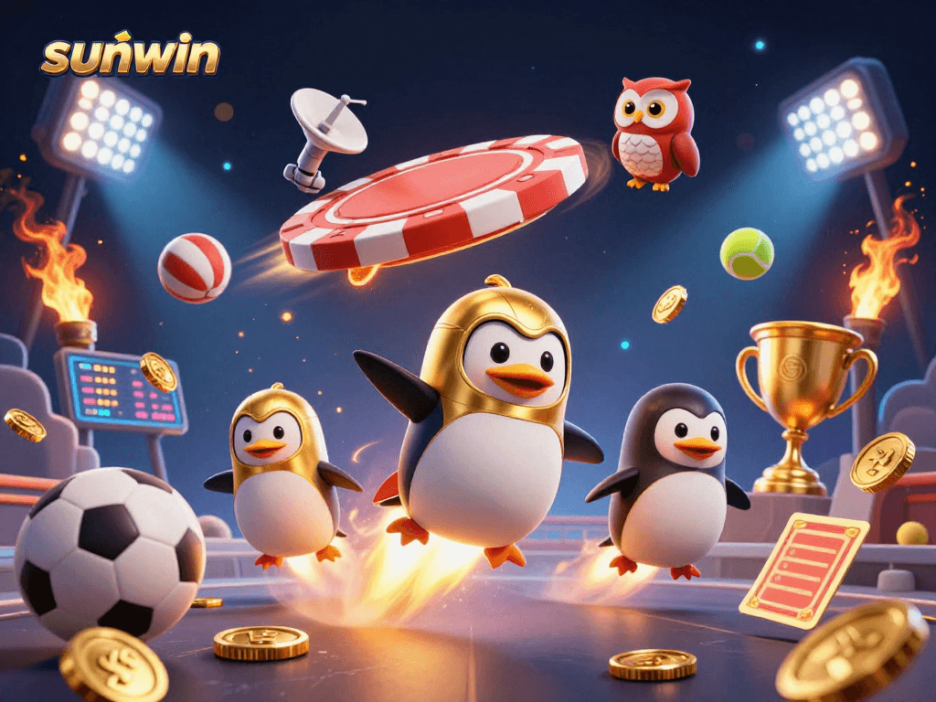 Experience the thrill of sunwin as the golden penguin whizzes past a poker chip casino.