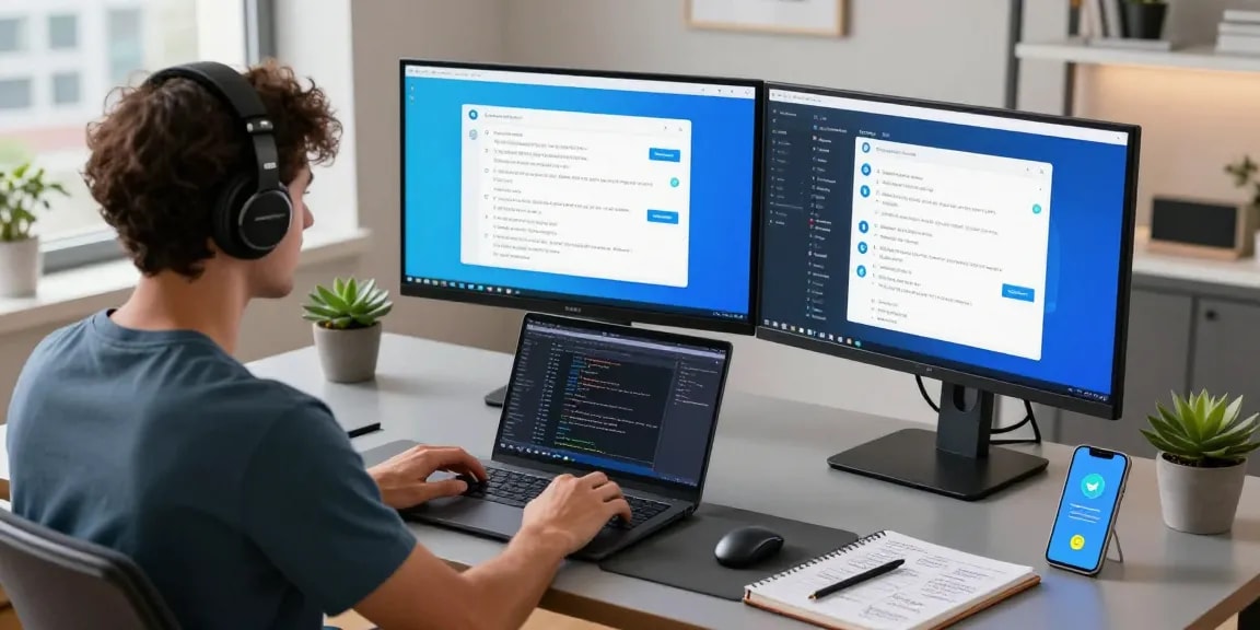 Engaging workspace scene showcasing Telegram Web in action on dual monitors with vibrant chat interfaces and tech-savvy elements.