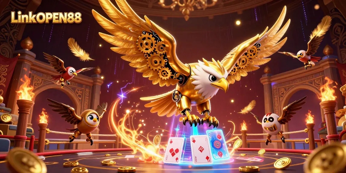 Experience winning excitement with Link OPEN88 in this vibrant 3D casino illustration.