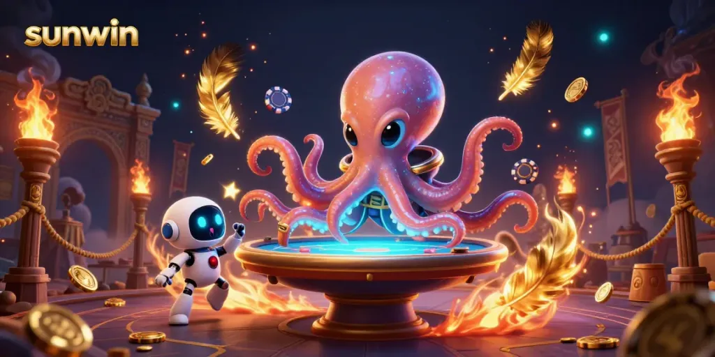 Experience exciting gameplay with sunwin, featuring a cosmic octopus and floating poker table.