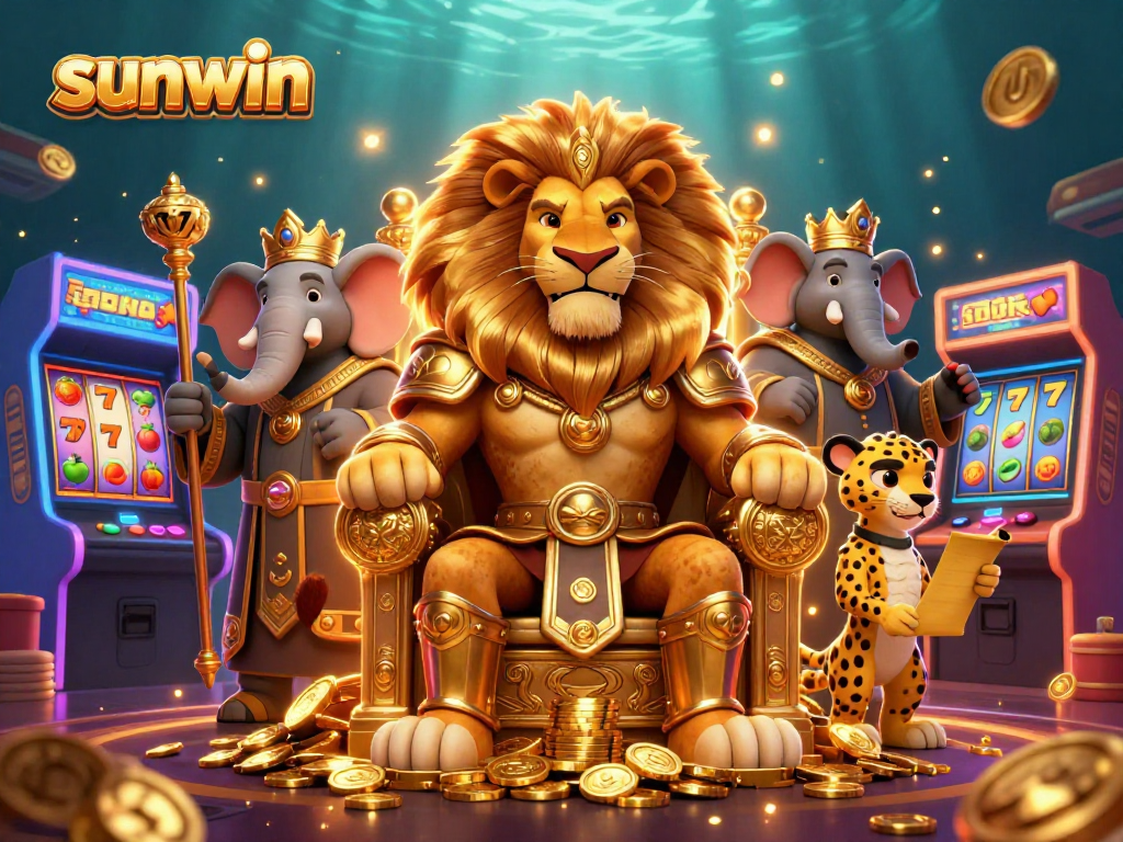 Experience the thrill of sunwin slots with a regal lion king and vibrant casino elements.