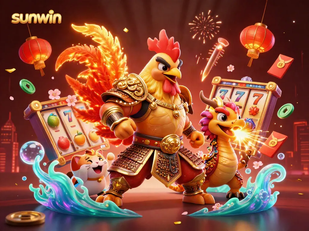 Spin the reels with sunwin, featuring an armored rooster and dragon in a vibrant casino scene.