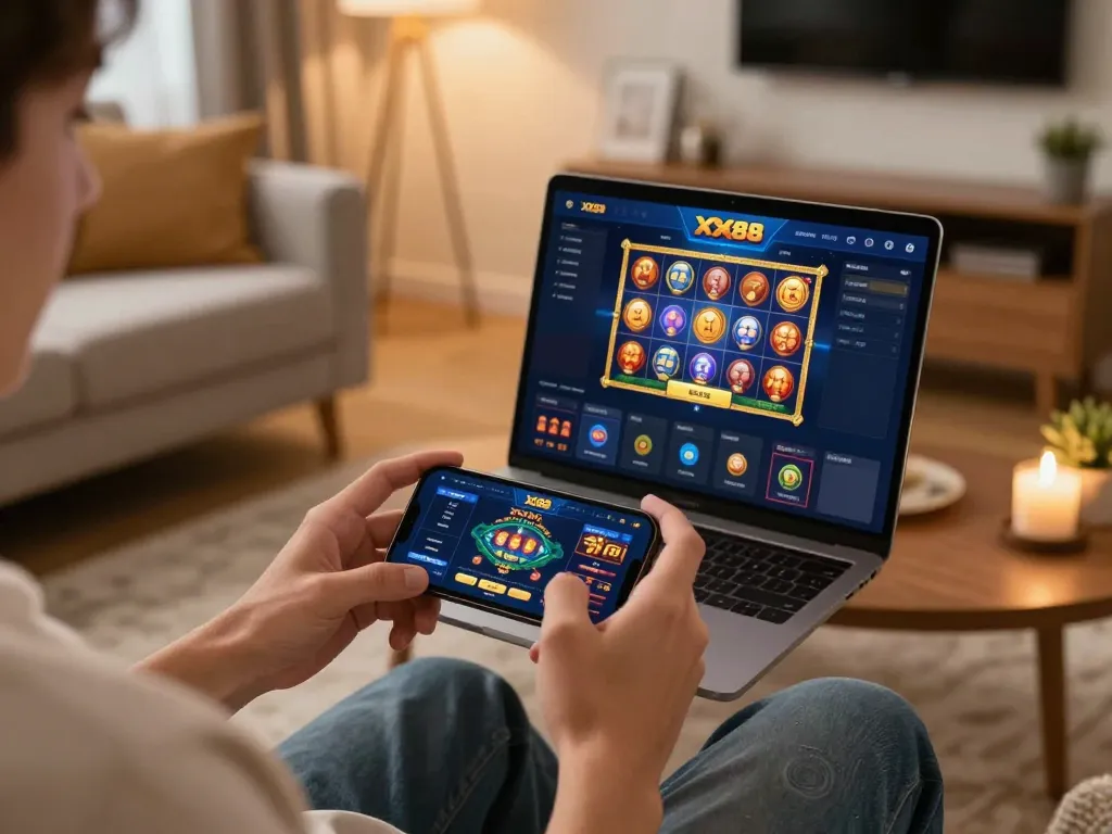 Engaging with the XX88 app on a smartphone, demonstrating online casino gameplay.