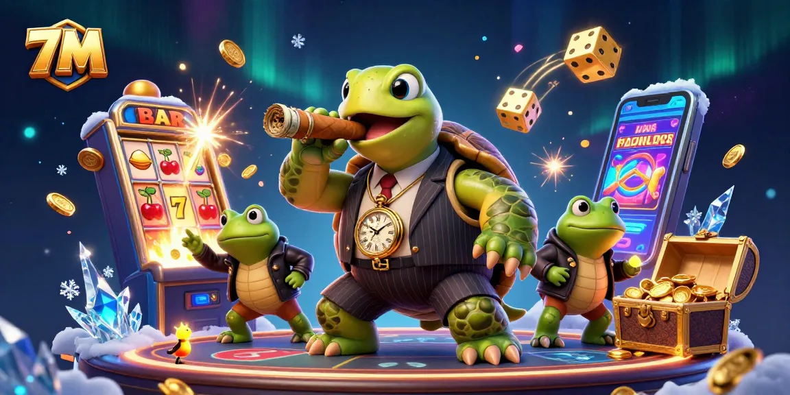 Experience 7M's thrilling casino scene with a snapping turtle in a mobster suit amidst coins and symbols!