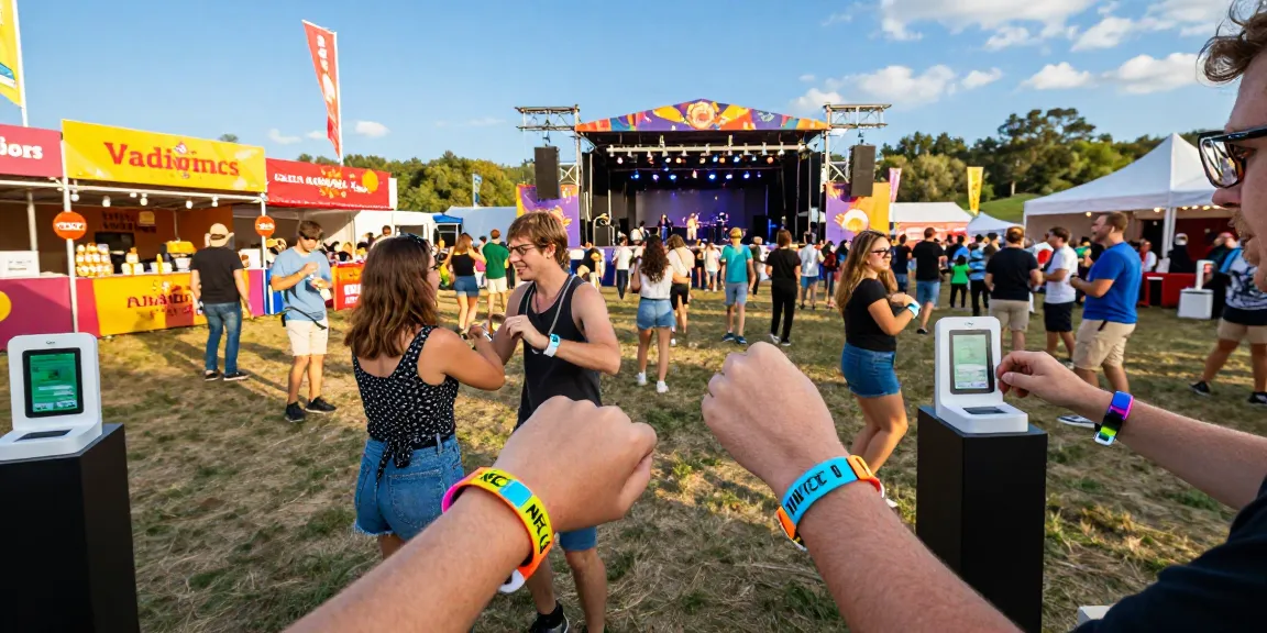 Attendees using NFC wristbands at a festival event, showcasing pulseras digitales para festivales enhancing access and payments.