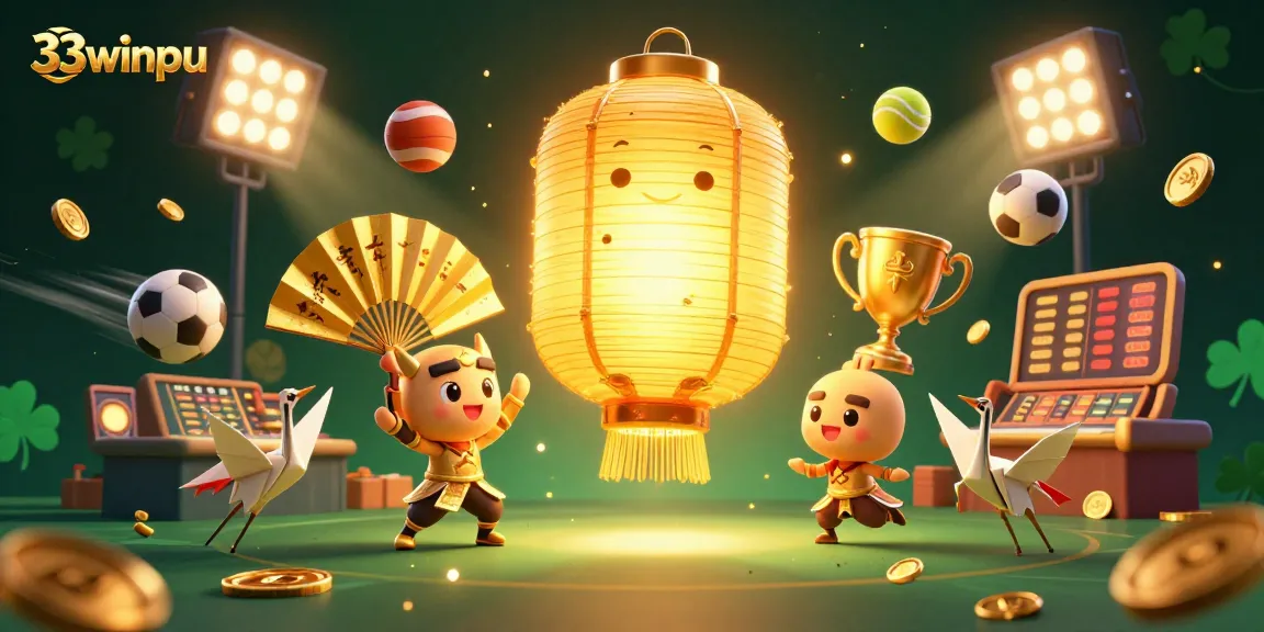 Engage with the exciting vibes of 33winpu as golden lantern spirits float above a dynamic casino scene.