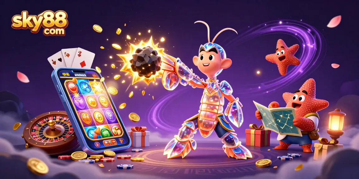 Engage with sky88 com's vibrant casino adventure, featuring a galactic samurai amidst exploding gems and gaming elements.
