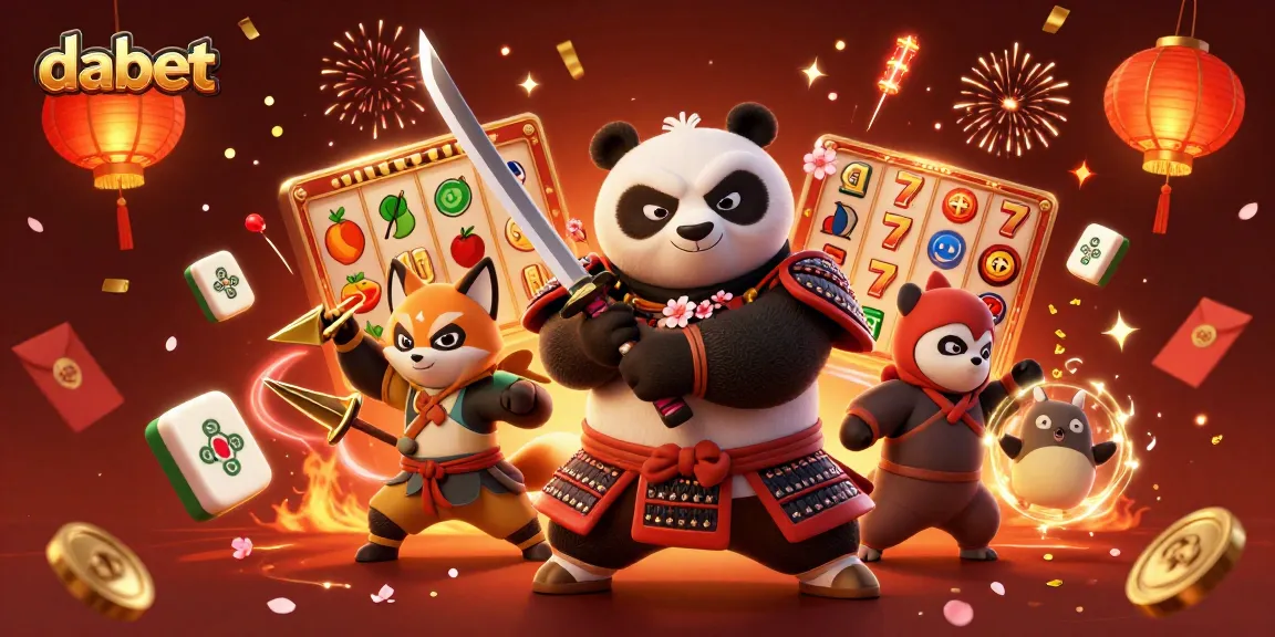 dabet slots scene with cartoon characters in a vibrant casino atmosphere featuring a panda samurai and shuriken-throwing fox