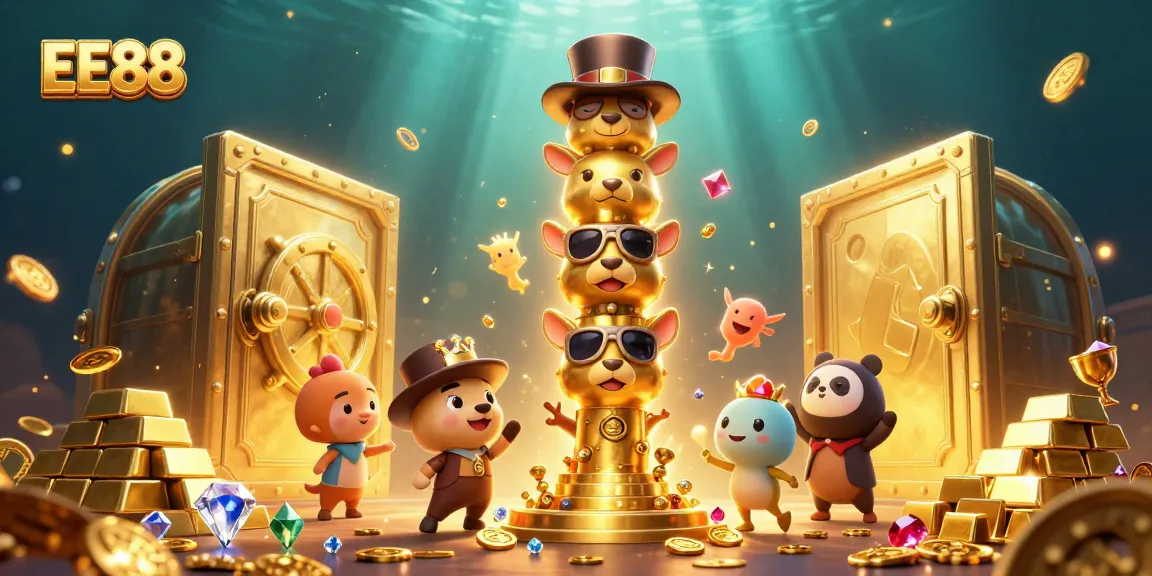 Experience the excitement of EE88 with dazzling treasures and animated characters in a vibrant casino scene.