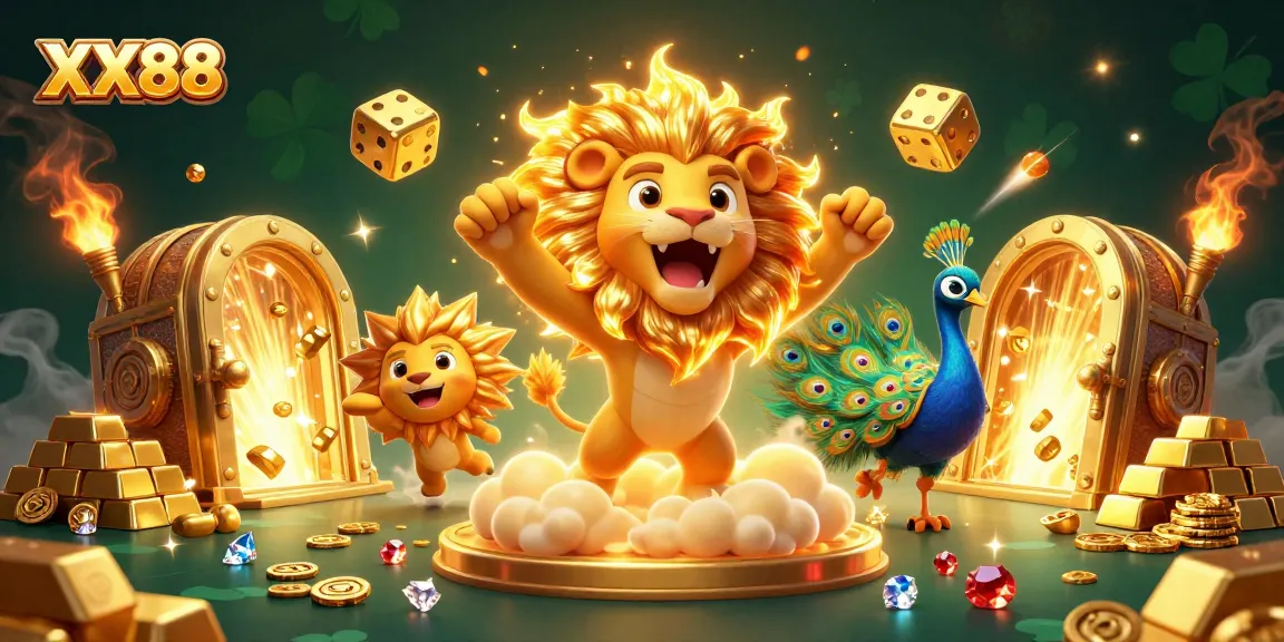 Experience the thrill of XX88 casino with dazzling golden elements and vibrant 3D characters.