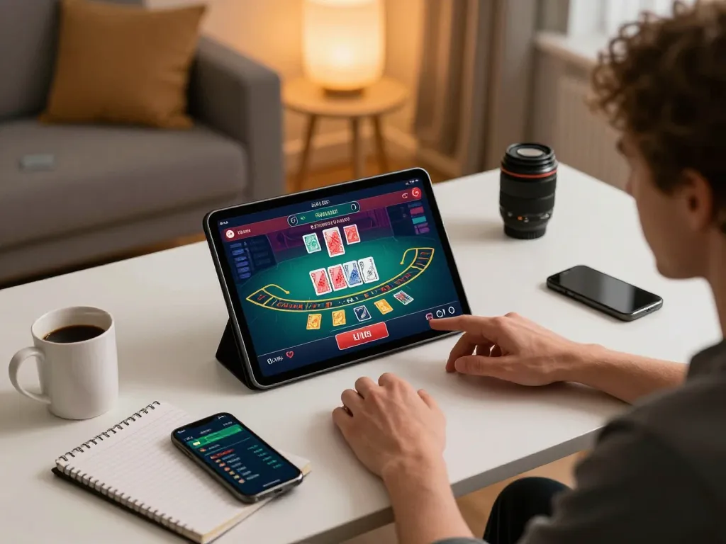 RR88 user enjoying live dealer blackjack on tablet with strategy notes in cozy home environment.