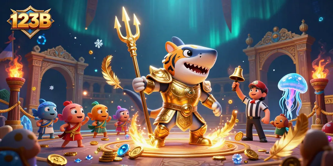 Engage in action with the 123B casino, showcasing a shark gladiator and vibrant underwater elements.
