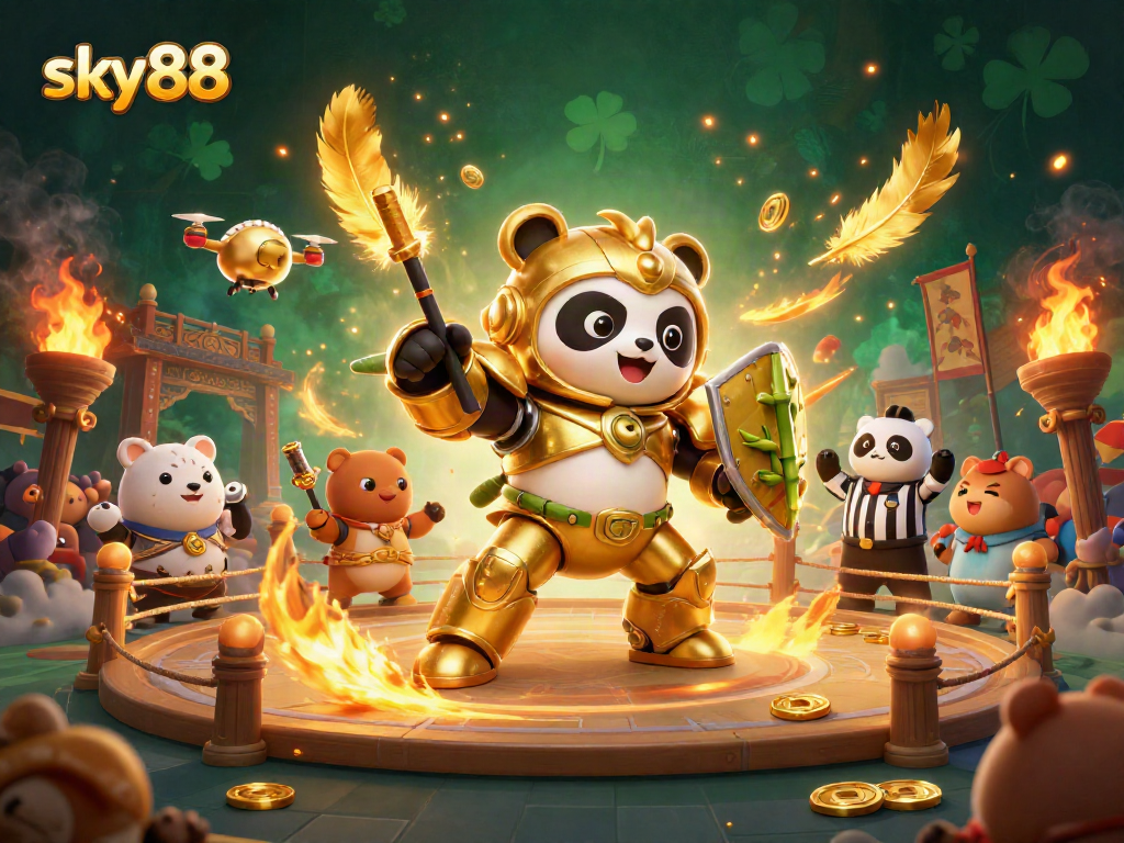 Experience thrilling action at sky88 casino with our 3D illustration of a panda battling in a vibrant arena.