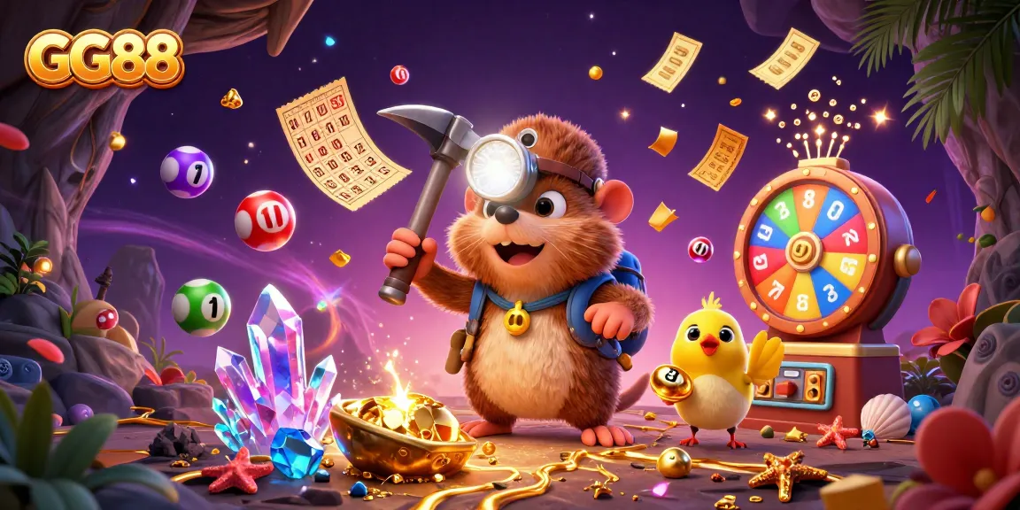Experience thrilling wins at GG88 with vibrant lottery elements and dynamic casino treasure scenes.