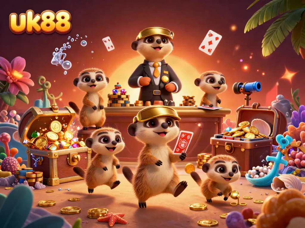 Experience excitement at uk88 with meerkats running a vibrant casino, surrounded by treasures and glowing elements.