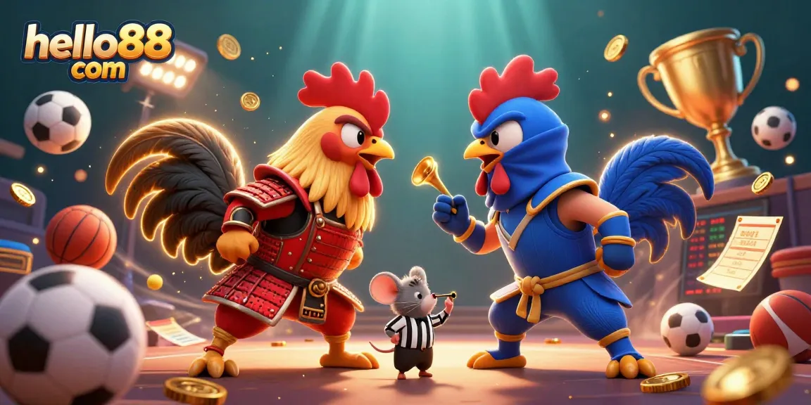 Engage with hello88 com's thrilling standoff between samurai and ninja roosters in a casino-themed showdown.