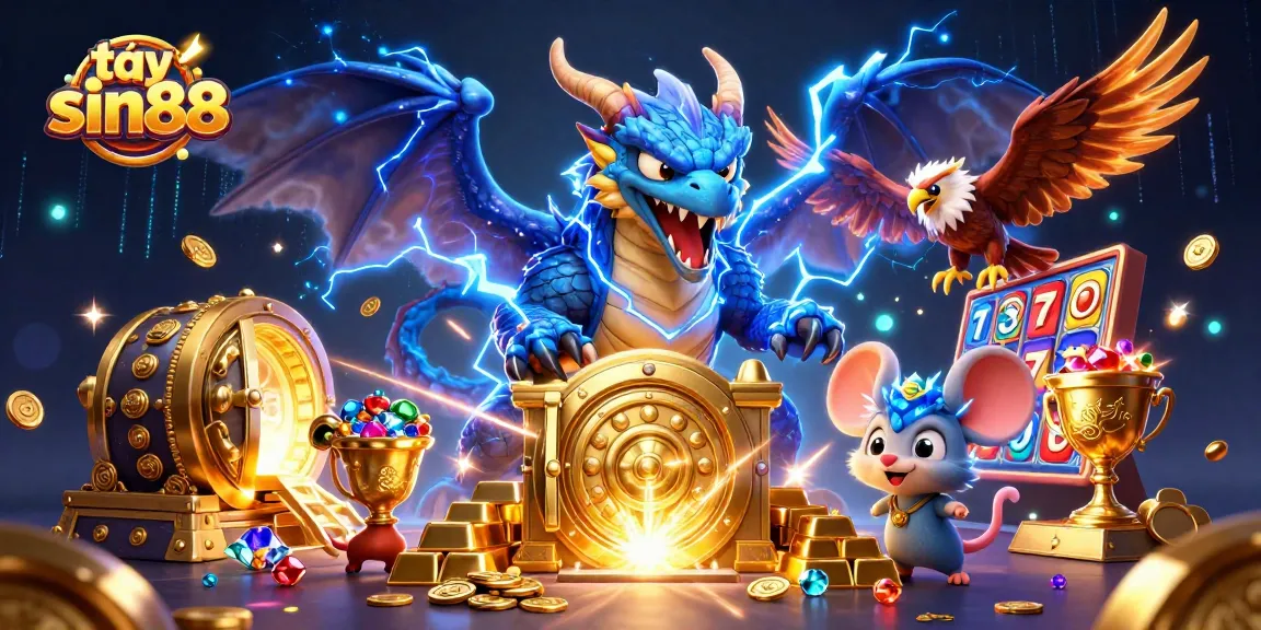 Exciting scene at tại sin88 featuring a thunder dragon, wind hawk, and rich treasures.