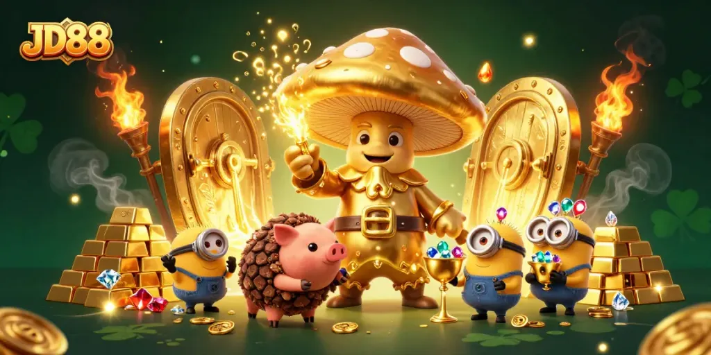 Win big at JD88 with the golden wizard channeling treasure magic amidst casino riches.