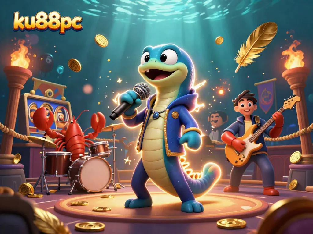 Experience the thrill of ku88pc with electric eel DJ, lobster drummer, and seahorse guitarist in vibrant underwater casino scene.