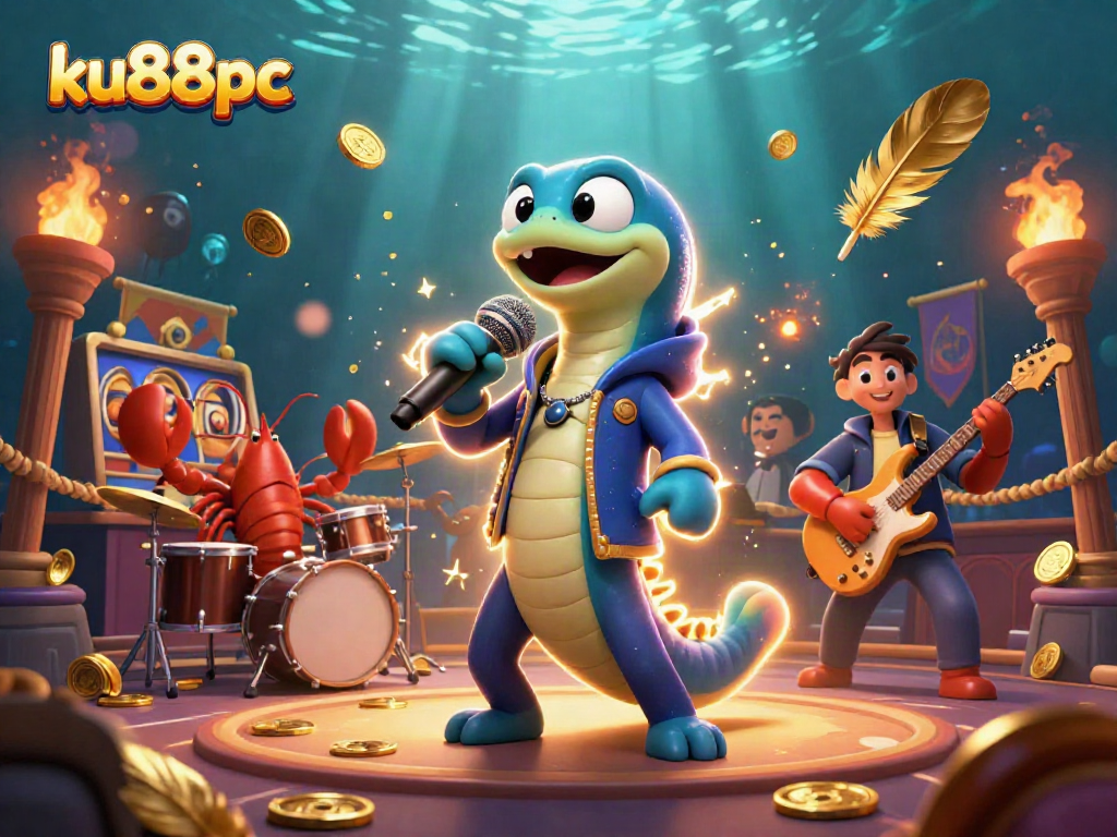 Experience the thrill of ku88pc with electric eel DJ, lobster drummer, and seahorse guitarist in vibrant underwater casino scene.