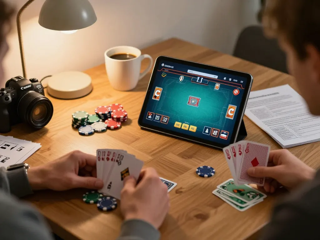 Player enjoying poker on xx88 com tablet with colorful chips in a cozy home setting.