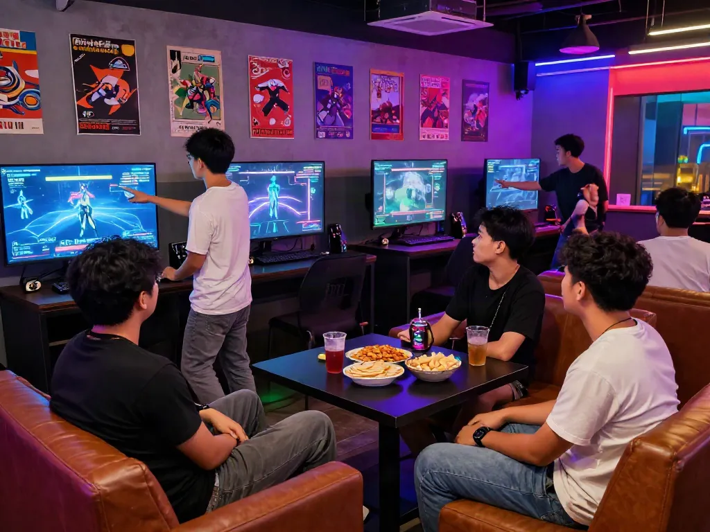 A group of friends enjoying gaming discussions about rokok88 patterns in a vibrant lounge.