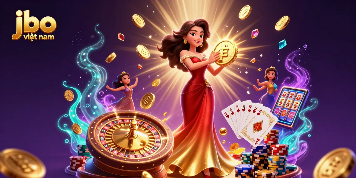 Experience the thrill of jbo việt nam with a cinematic depiction of casino glamour and excitement, featuring cascading coins.