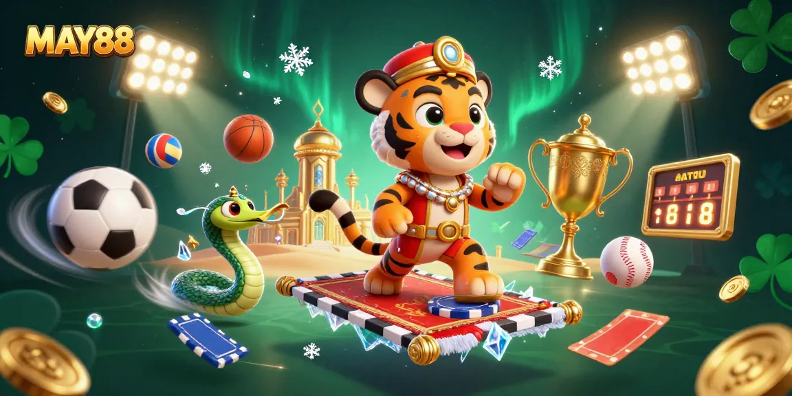 MAY88 offers an immersive 3D Arabian-themed casino experience featuring a tiger sultan and dynamic sports elements.