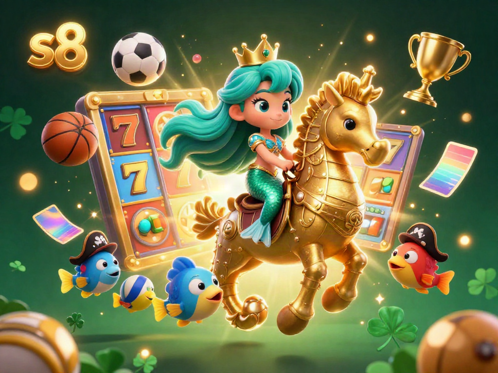 Experience the exciting s8 gaming world, featuring a mermaid princess with elements of slots, sports balls, and thrilling rewards.