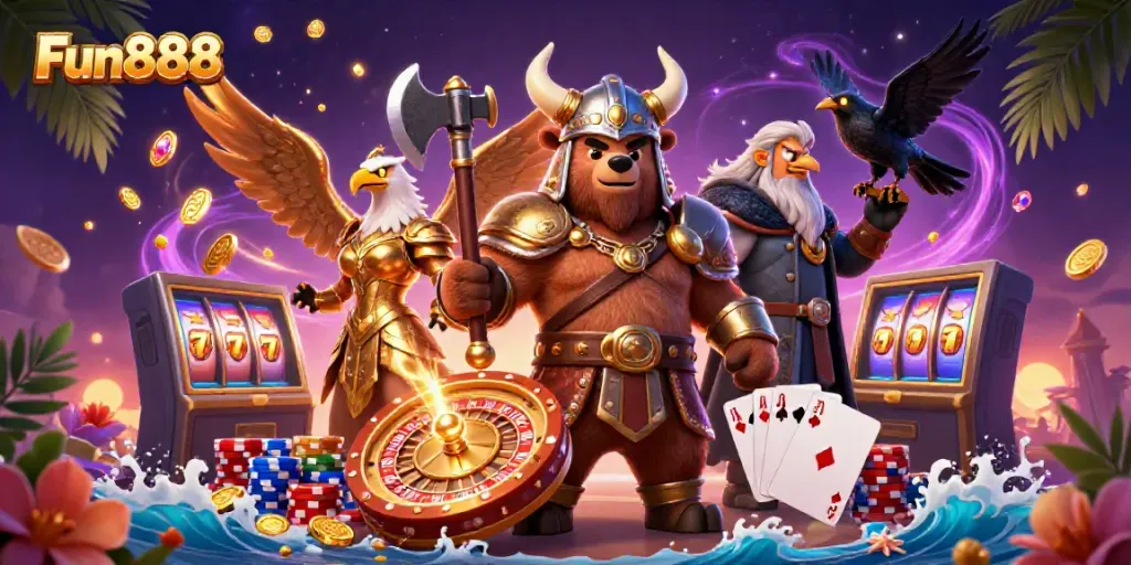Engage in Fun888's dynamic casino experience with Viking characters, coins, and thrilling game elements.