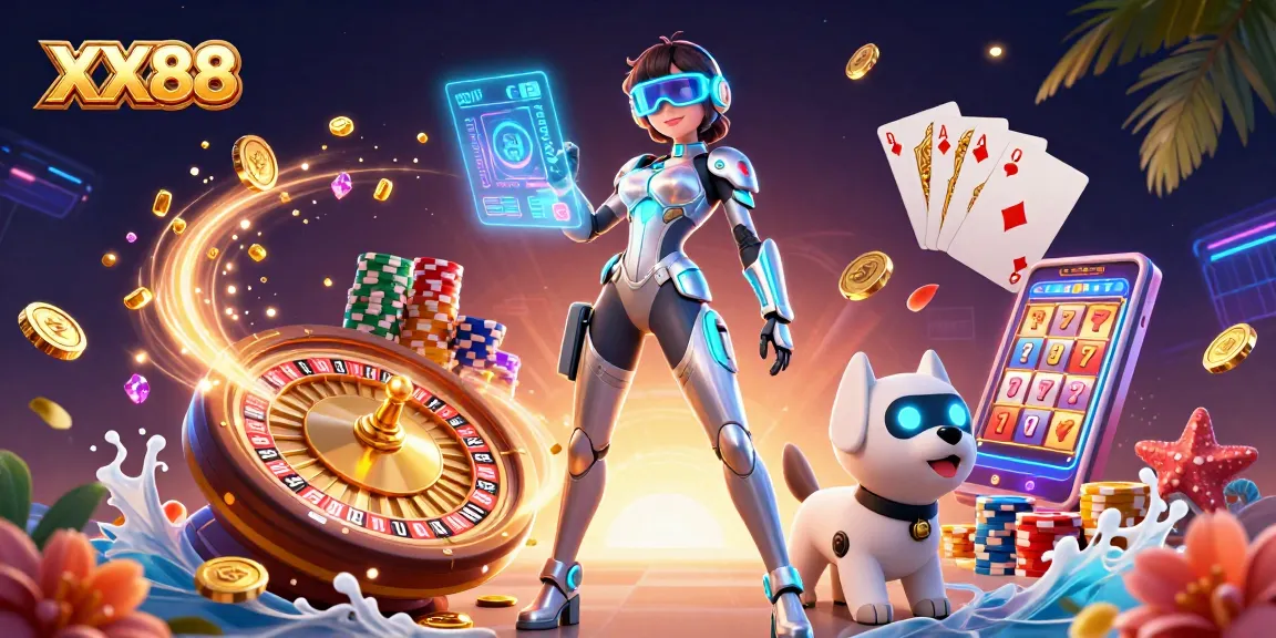 Engage with exciting gameplay at XX88 featuring a futuristic woman, robot dog, and casino elements.